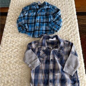 Set of 2 Plaid Blue and Gray Kids Buttondown Flannel Style Shirts Size 24 Months